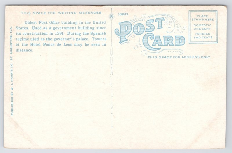 St Augustine Florida~US Post Office Formerly Captains Residence~Vintage Postcard