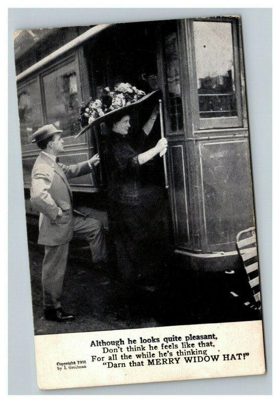 Vintage 1908 Postcard Woman with Huge Hat Boarding Train Man Stuck Behind Her