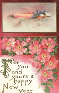 Vintage Postcard 1910's Happy New Year Greetings & Wishes Flowers Landscape Card