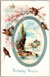 Birthday Wishes Birds On Twigs And River Village Landscape Greetings Postcard