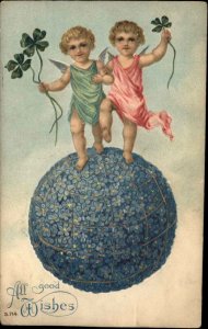 Good Wishes Fantasy Fairy Children on Ball of Flowers c1910 Vintage Postcard