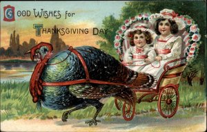 Thanksgiving Little Girls in Cart Pulled by Turkey c1910 Vintage Postcard