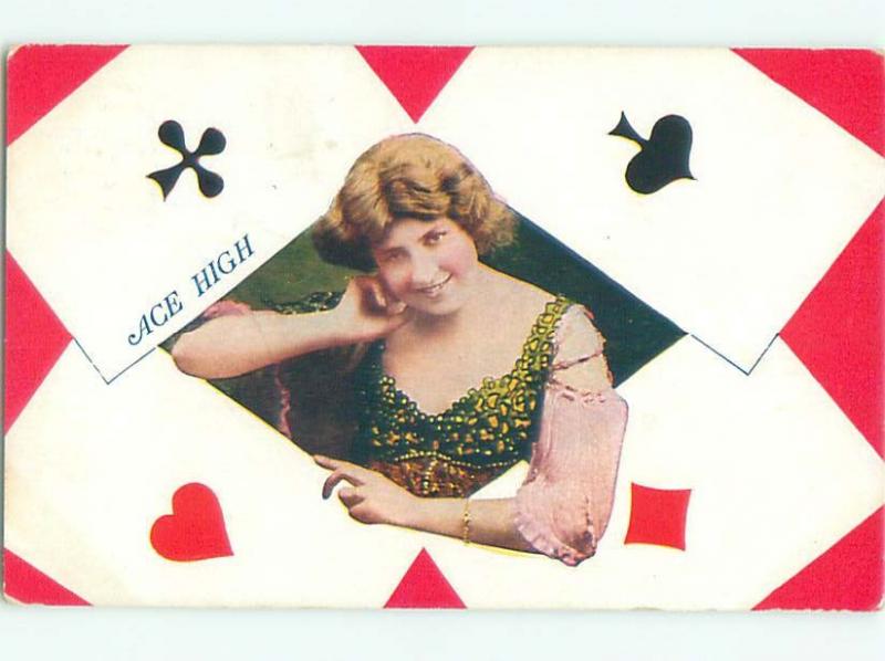 Pre-Linen Risque aces high SEXY GIRL WITH POKER PLAYING CARDS AB8252
