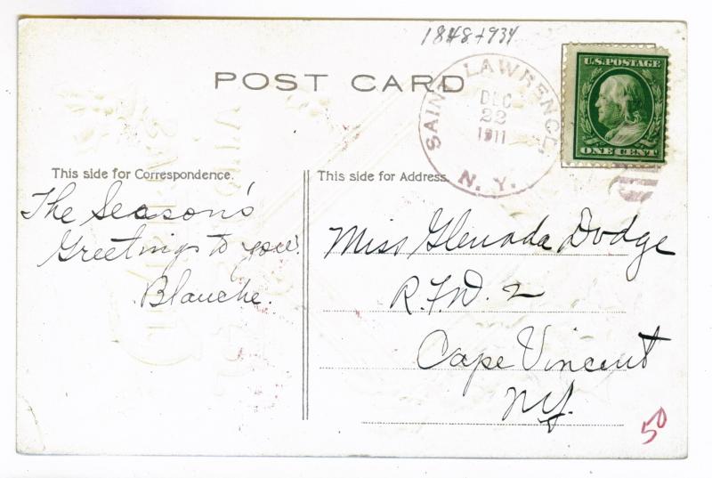 Saint Lawrence to Cape Vincent, New York used 1911 Embossed Christmas Post Card