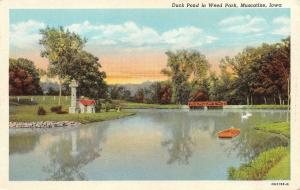 MUSCATINE, IA Iowa DUCK POND~WEED PARK Small Light House~Bridge c1940's Postcard