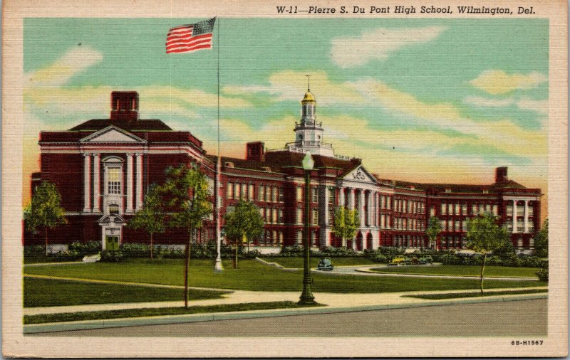 Vtg 1940s Pierre S Dupont High School Wilmington Delaware DE Linen Postcard