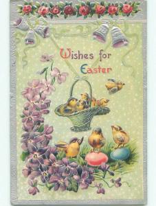 Pre-Linen easter CHICKS IN BASKET HANGING FROM RIBBON J2364