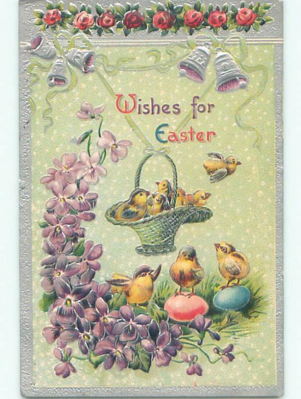 Pre-Linen easter CHICKS IN BASKET HANGING FROM RIBBON J2364