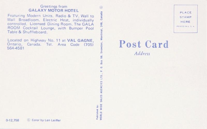 Galaxy Motor Hotel Val Gagne Ontario ON Restaurant Old Cars Motel Postcard E13