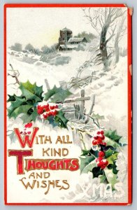 Kind Thoughts And Wishes, Holly, Winter Scene, Antique B.B. London Xmas Postcard