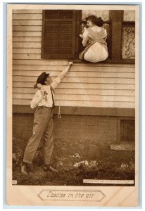 c1910's Sweet Couple Romance Girl Window Castles In The Air Antique Postcard
