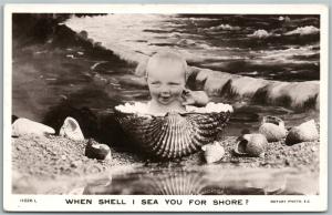 BABY in SHELL PHOTOMONTAGE ANTIQUE REAL PHOTO POSTCARD RPPC w/ STAMP