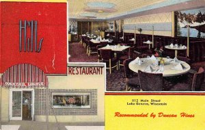 Hill's Restaurant Bar Lounge Lake Geneva Wisconsin 1950s linen postcard