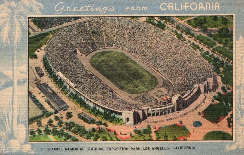 Vintage Postcard Greetings From California Olympic Memorial Stadium Los Angeles