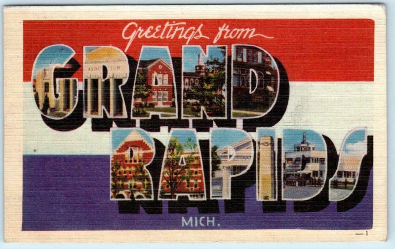 Large Letter Linen  GRAND RAPIDS, MICHIGAN  MI  1944  Dexter Postcard