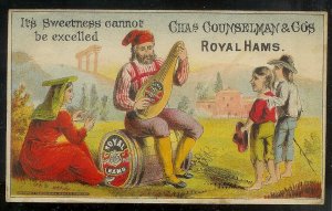 VICTORIAN TRADE CARD Counselman & Co Royal Hams Lady & Boys Man Playing Mandolin