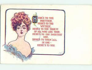 Unused Divided-Back art nouveau PRETTY GIRL IN BLUE DRESS WITH HAIR UP n0124@