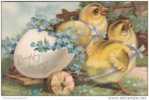 Easter Young Chicks Pulling Cart With Broken Egg & Blue Flowers