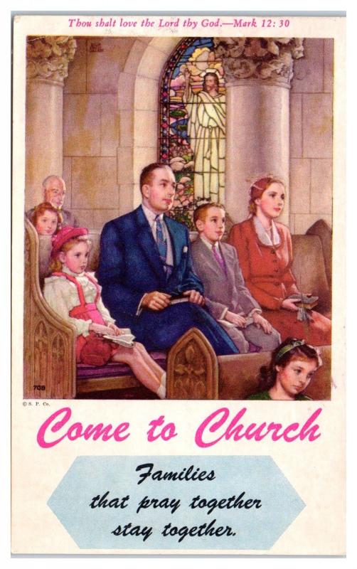 1954 Come to Church, Families that Pray Together Stay Together Postcard