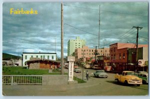 Fairbanks Alaska Postcard First Avenue Chamber Of Commerce Log Cabin c1960s Cars