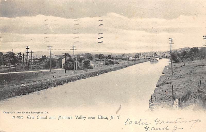 Erie Canal Utica, New York, USA 1907 writing on front, postal marking on front