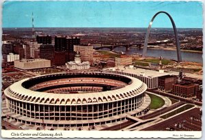 VINTAGE CONTINENTAL SIZE POSTCARD CIVIC CENTER BUSCH STADIUM & ARCH ST. LOUIS