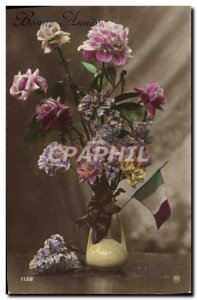 Old Postcard Fantasy Flowers Flag Blue White Red