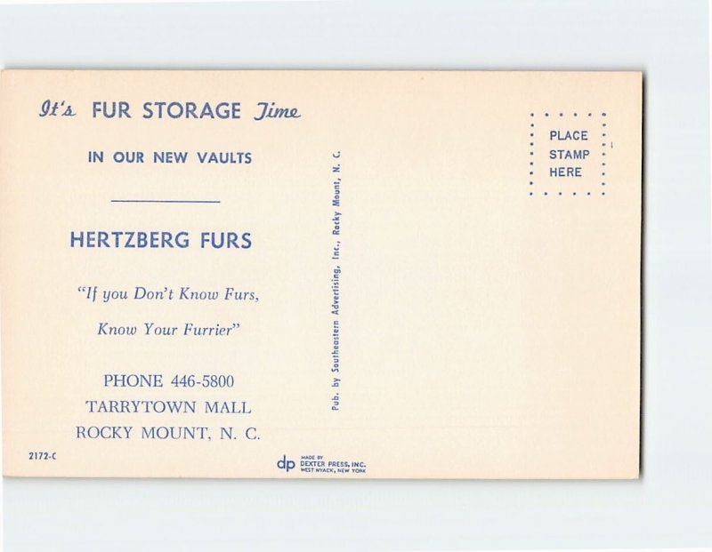 Postcard Hertzberg Furs Rocky Mount North Carolina USA