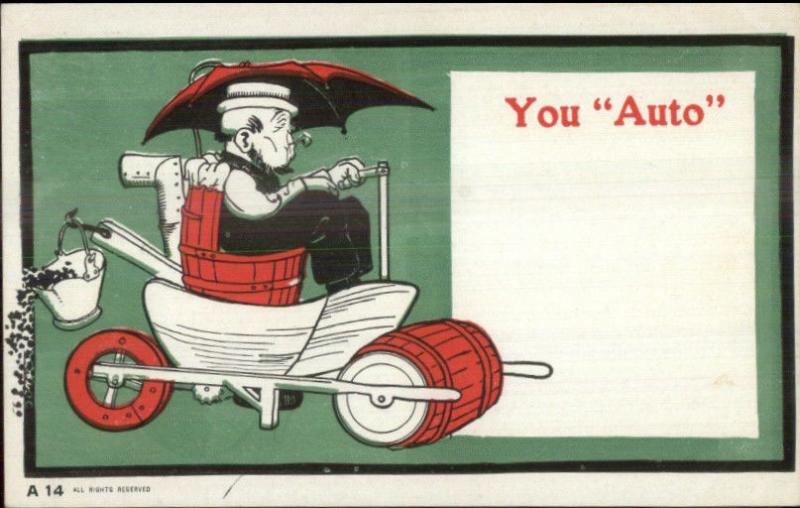 Old Man Smoking Pipe Driving Beer Keg Steamroller Car YOU AUTO Postcard