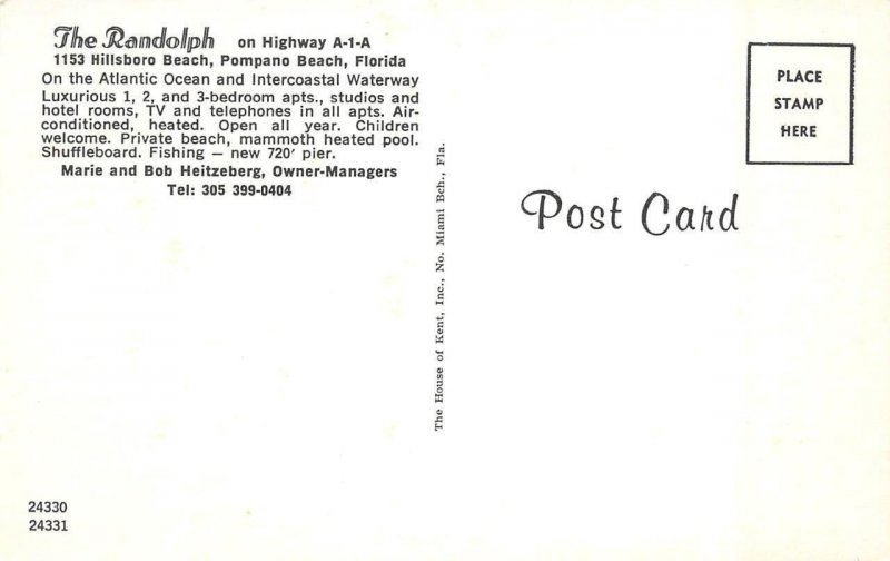 POMPANO BEACH, Florida FL   RANDOLPH MOTEL~Bob Heitzeberg   ROOM~POOL   Roadside