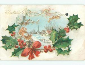 Unused Pre-1907 christmas SMALL TOWN IN WINTER SCENE WITH HOLLY o3036