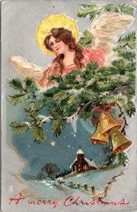 Postcard Tuck Christmas 136 Angel over Evergreen with bells and church