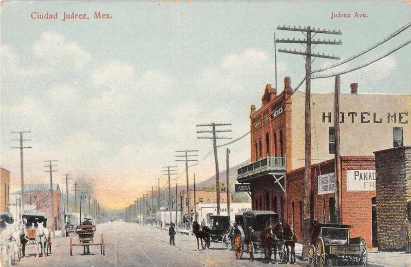 Juarez Chihuahua Mexico street scene horses buggies hotel antique pc Z18522