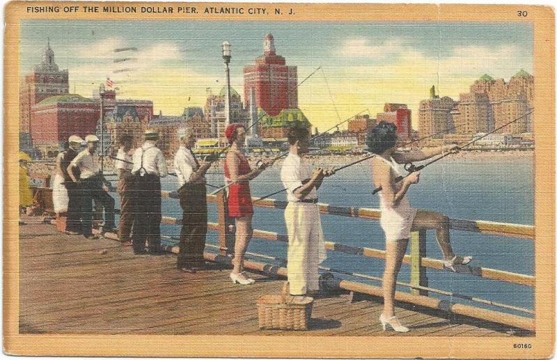 Fishing Off Million Dollar Pier Atlantic City NJ Tichnor Bros Postcard 1948