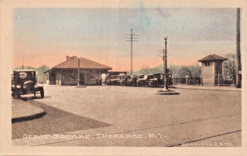 TUCKAHOE NEW YORK~DEPOT SQUARE~A M SIMON PUBL HAND COLORED PHOTO POSTCARD 