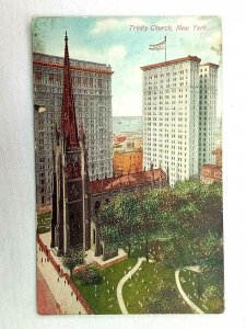 Vintage Postcard 1910's Trinity Church NY New York At the Head of Wall St.