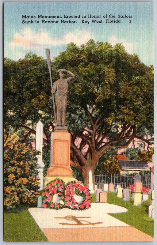 Key West Florida 1940s Postcard Maine Monument For Sailros Sunk In Havana Harbor