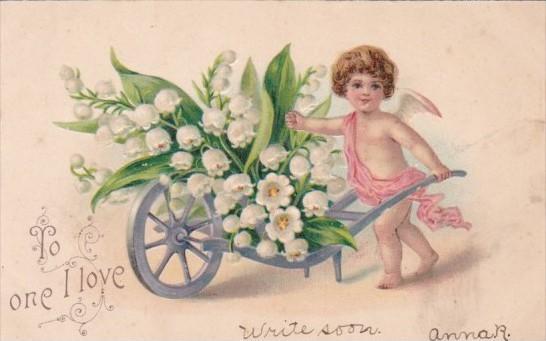 Valentine's Day To One I Love Cupid With Wheelbarrow Filled With Flowers