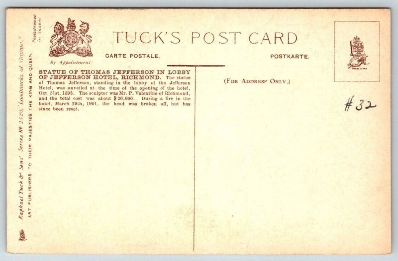 Tuck's  Jefferson Hotel  Richmond  Postcard Virginia c1910