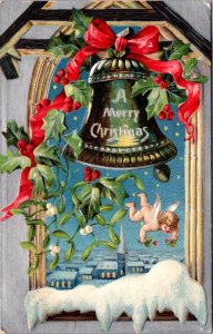 Christmas Postcard Green Bell Church Steeple Cherub Angel Holly Flowers