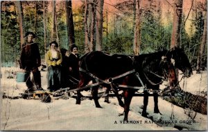 A Vermont Maple Sugar Grove, People Collecting Sap Vintage Postcard O51