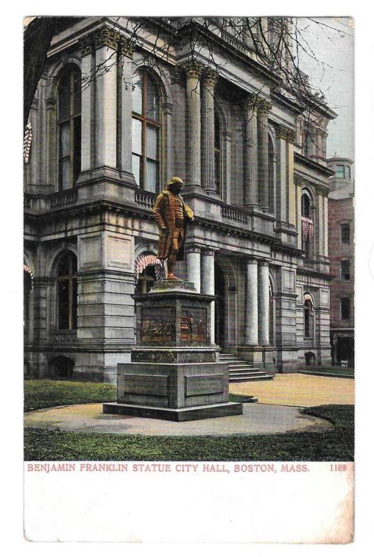 Boston MA Benjamin Franklin Statue City Hall UDB Postcard