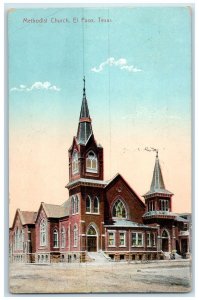 1911 Methodist Church Building Tower Dirt Road Stairs El Paso Texas TX Postcard