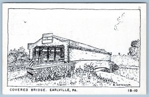 EARLVILLE PA COVERED BRIDGE BRYAN KETCHAM HAND PRINTED VINTAGE POSTCARD