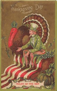 J17/ Uncle Sam Patriotic Postcard c1910 U.S.A. Thanksgiving Turkey 162