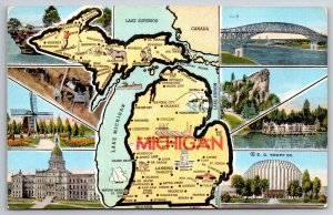 State Maps~Michigan~Multi-View~Windmill Park~Capitol Bldg~Castle Rock~Vintage PC