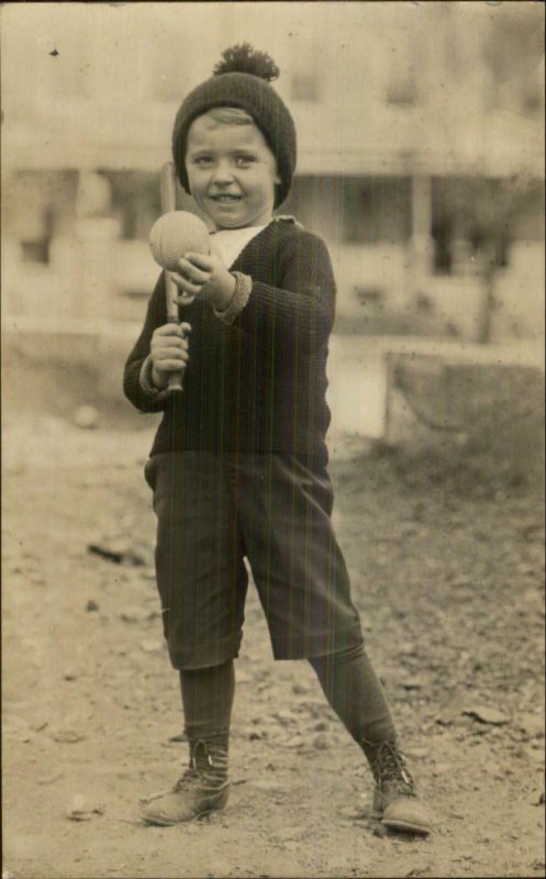 Little Boy Toy Baseball Bat & Ball CRISP Real Photo Postcard c1920 AMATEUR