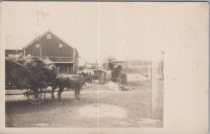 RPPC Postcard Americana Farm Scene Horses Hay Carts + Tractors