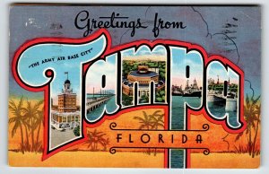Greetings From Tampa Florida Large Letter Linen Postcard Kropp 1943 Army Base