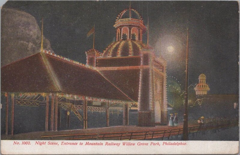 Postcard Night Scene Entrance Mountain Railway Willow Grove Park Philadelphia PA